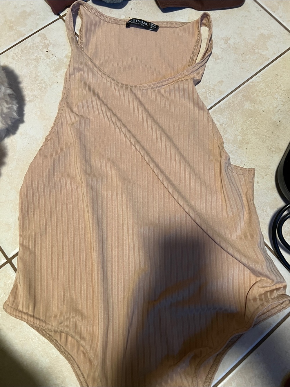 Nasty Gal Beige Ribbed Sleeveless Bodysuit
